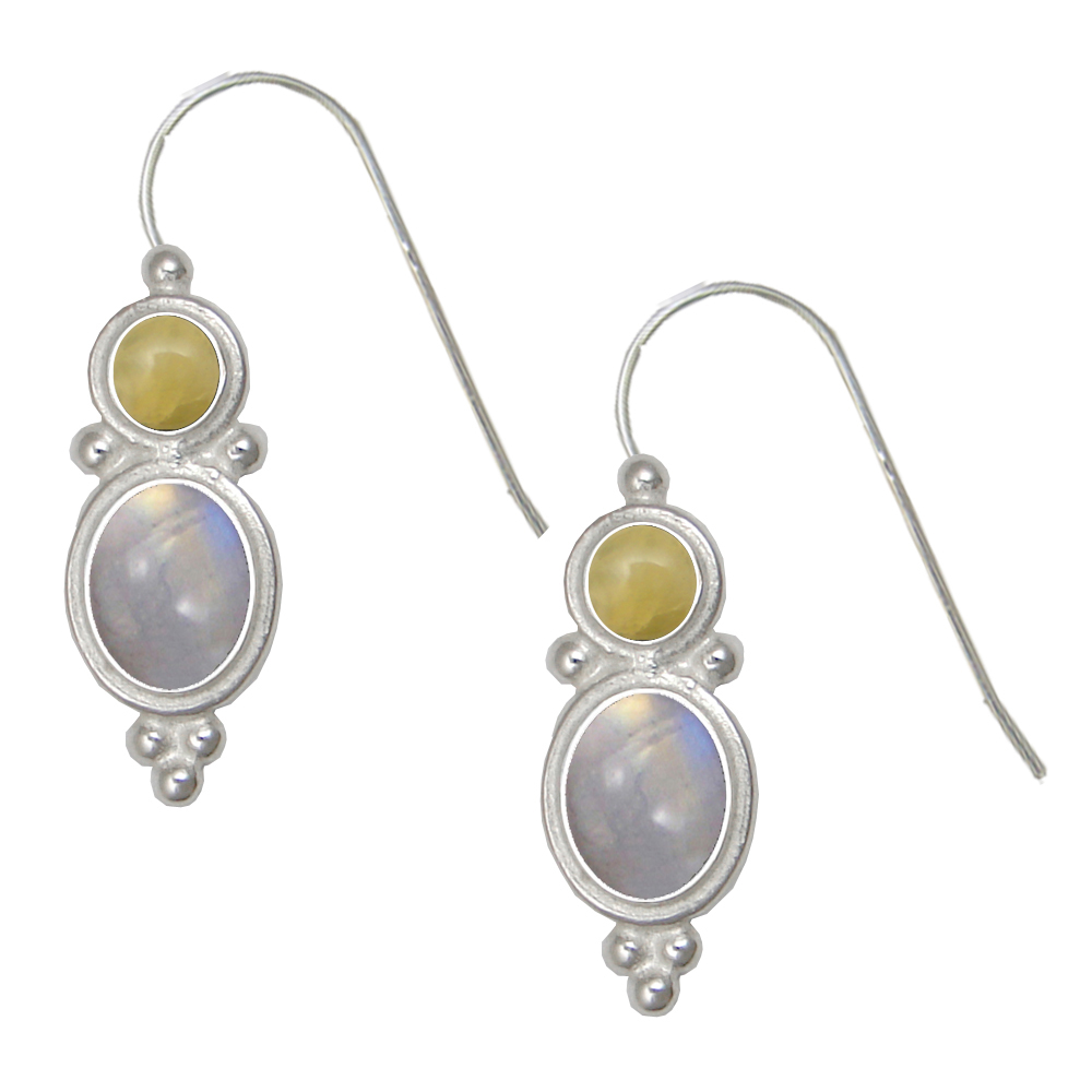 Sterling Silver Drop Dangle Earrings Rainbow Moonstone And Yellow Aragonite